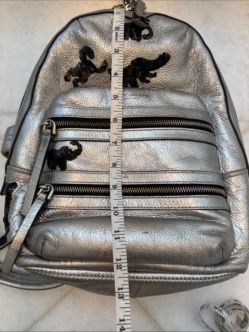 Marc Jacobs Silver Metallic Mini Backpack with Black Embellishment